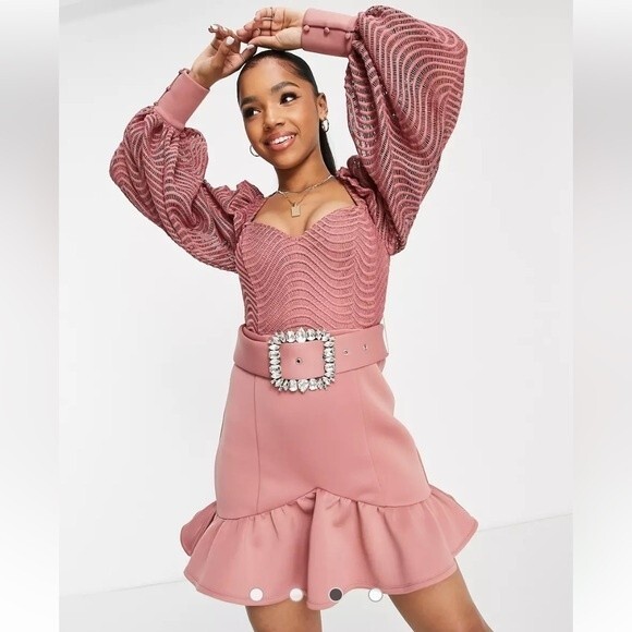 NWOT ASOS DESIGN | lace diamante belt ruffle hem mini dress in rose 2 - Picture 9 of 9